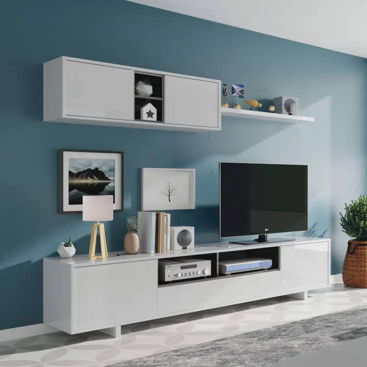 Mueble de Salón Comedor Moderno Blanco Belus (módulo inferior 200x46x41 cm + módulo superior 105x35x29 cm + estante 95x3x21 cm) - 1