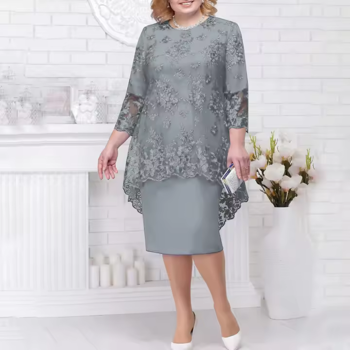  Conjunto De Dos Piezas Para Mujer Largo Medio Moda Casual Bordado En Encaje Vestido Elegante De Poliéster Cuello Redondo A-Line - 1