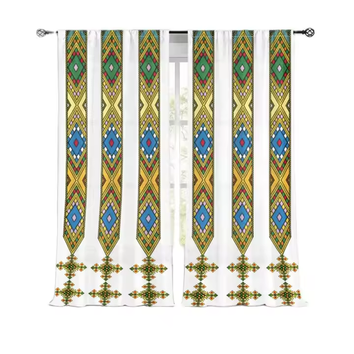 Cortinas Modernas De Lujo Eritrea/Etiopía 2024 Diseño Saba Y Telet Cortina Con Gancho Para Sala De Estar 2 Piezas Translúcida 40%-60% - 1