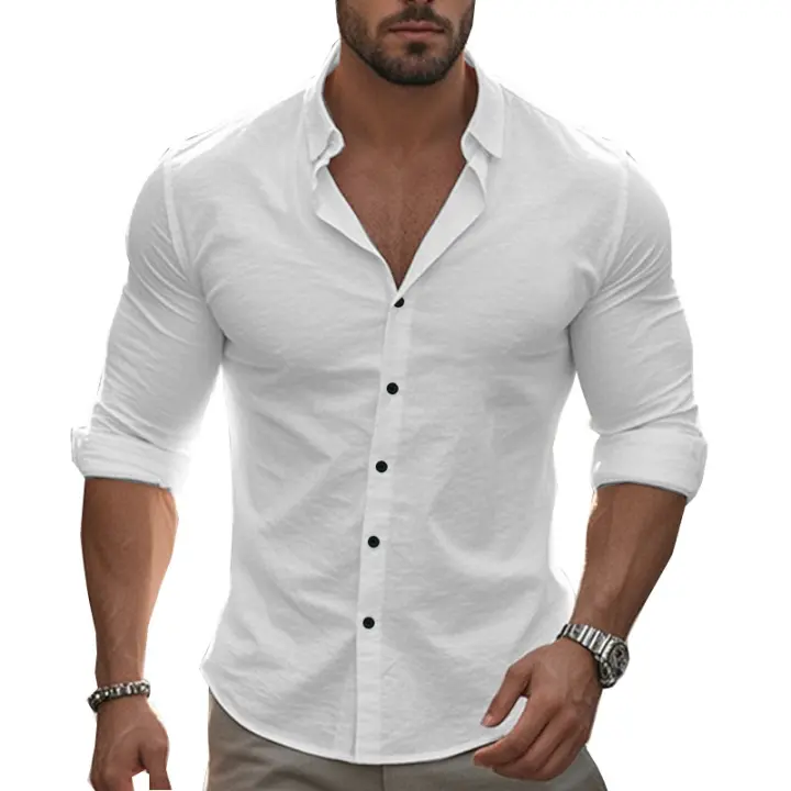Camisa informal de manga larga de color liso para hombre, camisa playera de algodón con solapa y botones, de manga larga - 1