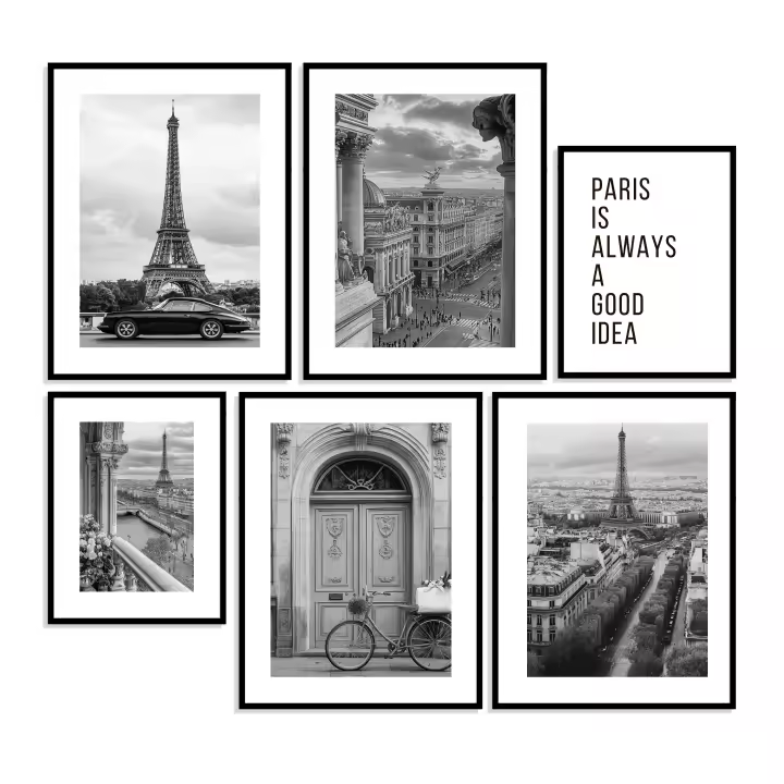 Conjunto de 6 láminas decorativas para el hogar con diseños de la ciudad de Paris - Arte de pared elegante en blanco y negro - Láminas para decoración del hogar - Láminas de viajes - 1