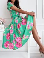Nuevo Vestido De Verano Para Mujer Con Estampado Floral Cuello V Manga Corta Elegante Con Botones Y Cinturón Estilo Bohemio Midi - details 2