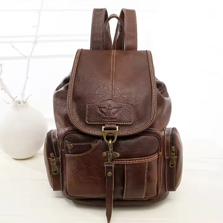 Mochila Retro Vintage para Mujer, mochilas escolares para adolescentes, mochilas grandes with Cordón, Bolso marrón de cuero PU de alta calidad - 1
