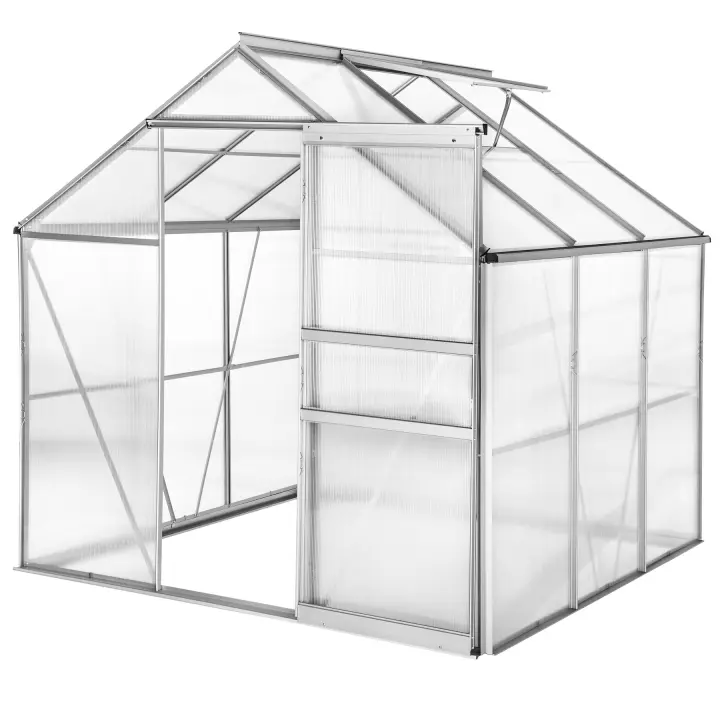 Tectake - Invernadero de aluminio, Aislante térmico, Paneles de policarbonato con protección contra rayos UVA, Puerta corredera y claraboya para ventilación, Estructura estable de perfiles de aluminio anodizado - 1