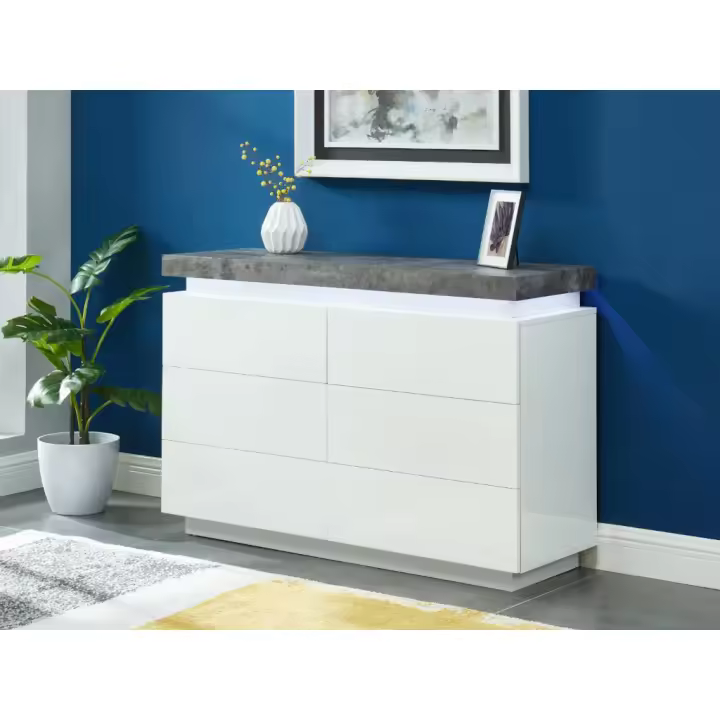 Vente-unique - Cómoda HALO II - 6 cajones - MDF lacado - Con LEDs - Color: blanco y cemento - 1