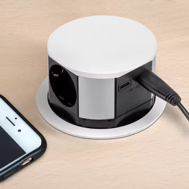 Multiconector extraíble vertikal push diámetro 100mm, 3 enchufes tipo schuko, 1 usb tipo a, 1 usb tipo c, acero y plástico, pintado blanco - 1