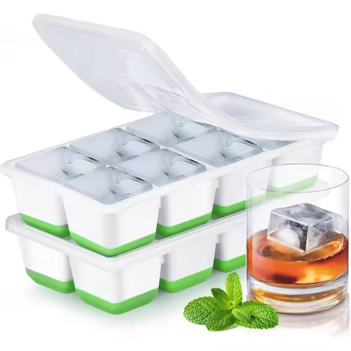 Cubiteras para Hielo Grande,  2 Piezas Cubitera Silicona con Tapa para Cubitos de Hielo, Cubitera Silicona sin BPA Apilables Moldes de Hielo Ice Cube Tray para Cóctel Whisky (Verde) - 1