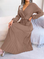 Vestido Largo Elegante Para Mujer Con Cuello En V Manga Larga Pleated Maxi Con Cinturón Estilo Casual De Pierna Larga - details 51