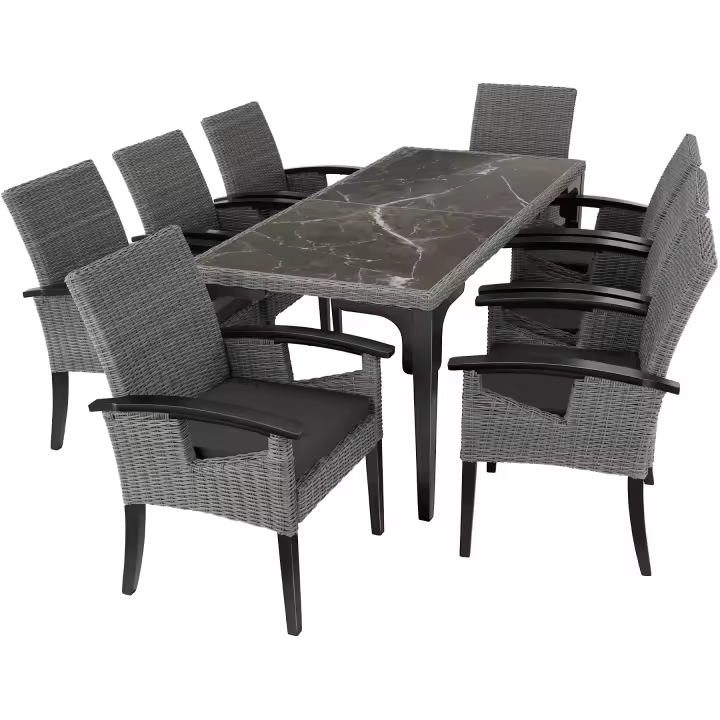 Tectake - Mesa de ratán Foggia con 8 sillas Rosarno  Conjunto de muebles de exterior con 1 mesa y 8 sillas de ratán sintético  Dos tableros extraíbles de porcelanato gres  Fino trenzado de ratán sintético de calidad  Resistente a la intemperie - 1