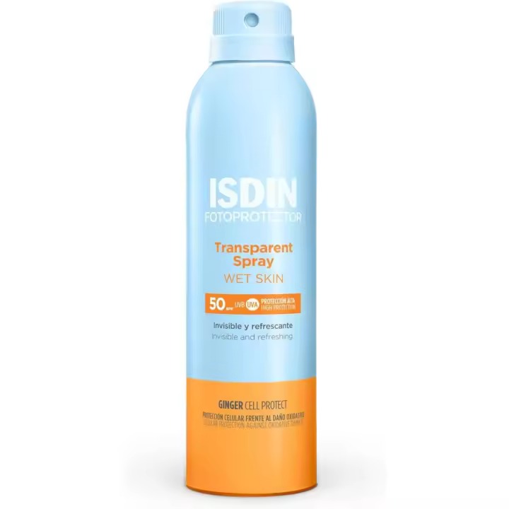 Fotoprotector ISDIN Transparent Wet Skin SPF 50 - Protector solar Corporal, Spray transparente, Eficaz sobre piel mojada, Ginger Cell Protect, 250 ml - 1