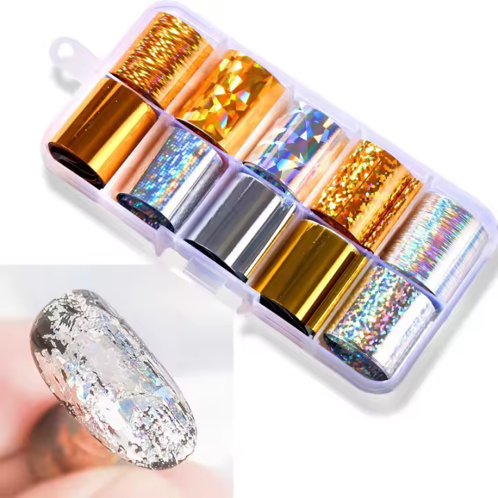 Juego De 10 Hojas De Foil De Uñas Holográfico 2.5*60cm Dorado Plata Estrella Para Manicura DIY Adhesivos De Transferencia - 1