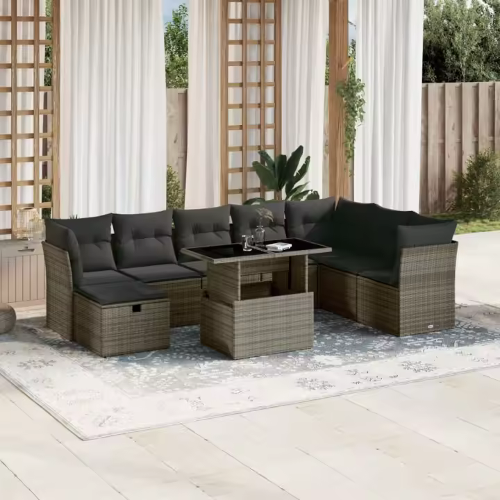 vidaXL Set de muebles de jardín 9 pzas y cojines ratán sintético gris - 1