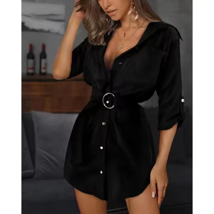 Vestido Elegante De Verano Para Mujer Color Sólido Con Cuello En V Manga Larga Vestido Casual Con Botones De Manga Plegable Para Trabajo - 1