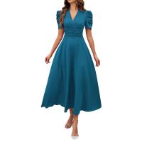 Vestido Elegante De Fiesta Para Mujer Cintura Alta A-Line De Color Sólido Con Manga Corta Estilo Francés Vestido De Cintura Cinchada Temperamento - details 6