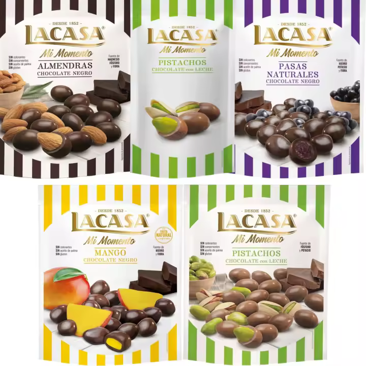 Lacasa Mi Momento pack de 5:Pistacho Leche 50G,Pasas choco Negro 150G,Almendra choco Negro 125G,Pistacho Leche 100G,Mango choco Negro 115G - 1