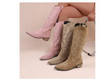 Botas De Vaquero Bordadas Para Mujer Con Punta Puntiaguda Y Tacón Grueso Botas Largas De PU Cuero Falso Botas De Rodilla Alta Para Otoño - details 8