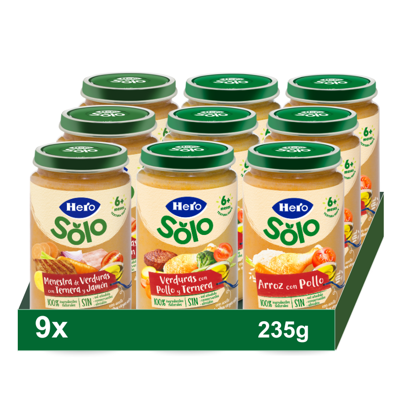 Hero Baby Pack Tarritos Mixto (3 Verduritas Pollo ternera, 3 Arroz con Pollo, 3 Menestras de Verduras con Ternera y Jamón). Pack 9x235gr