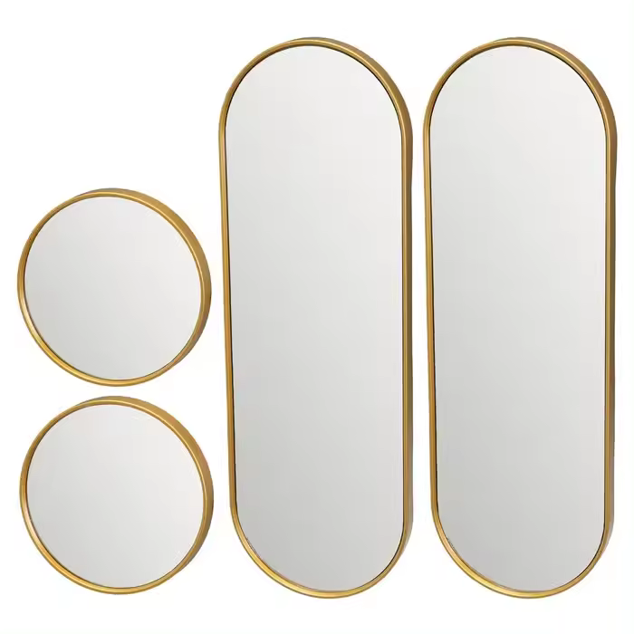 MIRAMAX-Set de 4 Espejos con moldura Dorada de plástico,1,3 mm. Pequeños: Ø 21x3 - Interior espejos: Ø 19,5 cm. Grandes: 21x3x62 - Interior espejos: 19,5x59,5 cm. - 1