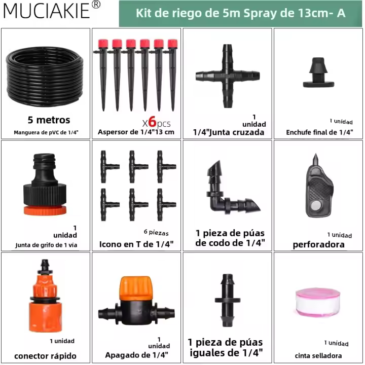 Sistema De Riego Por Drip 13CM Con Mangue De 1/4'' Kit De Roscado Ajustable Para Jardín Flores Verduras 4-Maneras De Riego Micro - 1