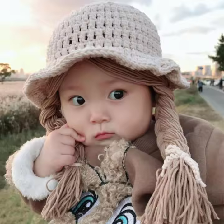 Gorro De Pescador Para Bebés Niñas Con Trenza Y Peluca Chaqueta De Punto Tejida Caliente Para Invierno Estilo Floral - 1