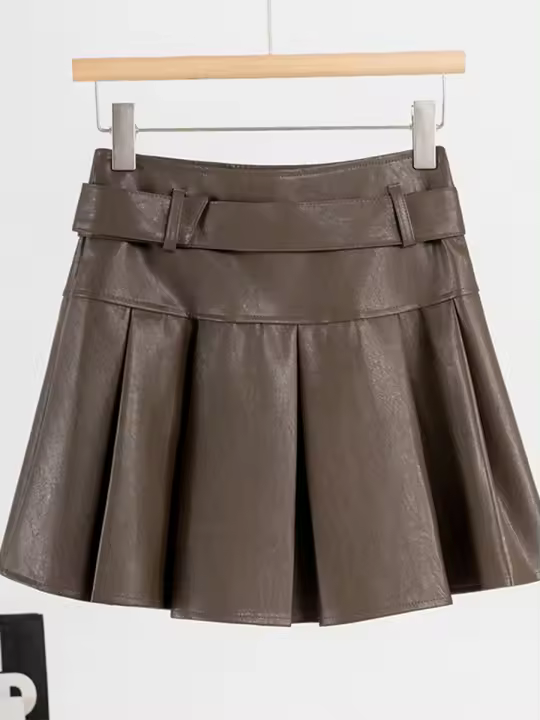 Falda Corta De Cuero PU Retro Estadounidense Para Mujer Alta Cintura Pleated A-Line Estilo Francés Para Pequeñas Otoño 2024 - 1