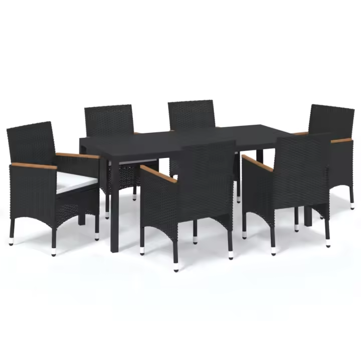 vidaXL Set de comedor de jardín 7 pzas y cojines ratán sintético negro - 1