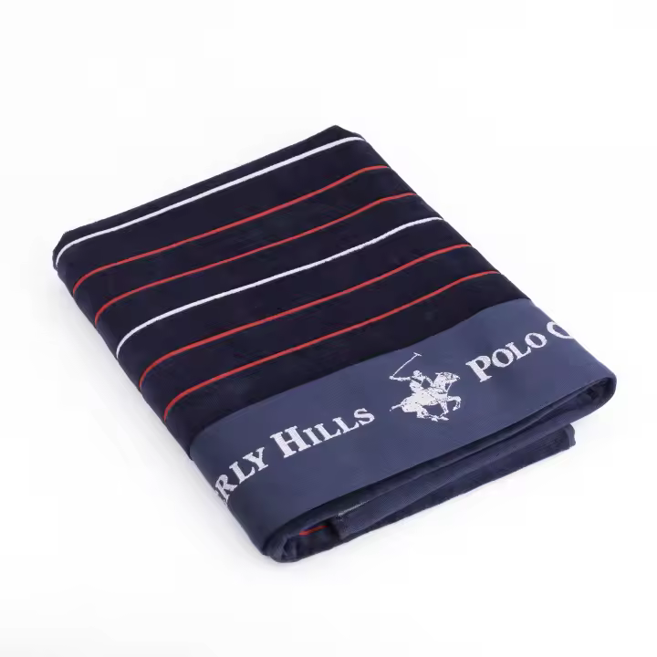 POLO CLUB | TOALLA DE PLAYA AZUL 90X160 CON RAYAS ROJAS. MÁXIMA SUAVIDAD Y RÁPIDA ABSORCIÓN. - 1