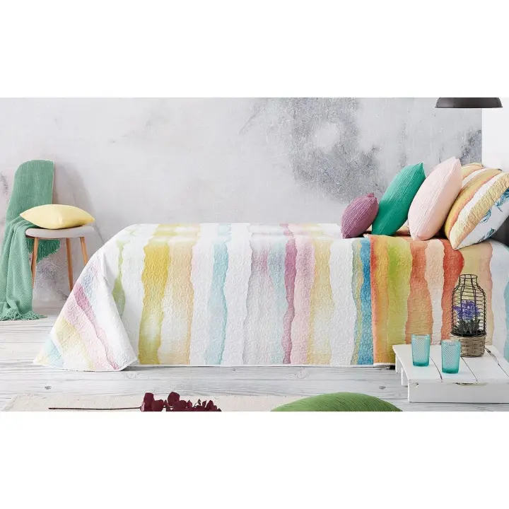 Manterol Outlet - Colcha bouti reversible rayas y jungla multicolor. Cubrecama con tejido fino, extra suave y ligero. - 1