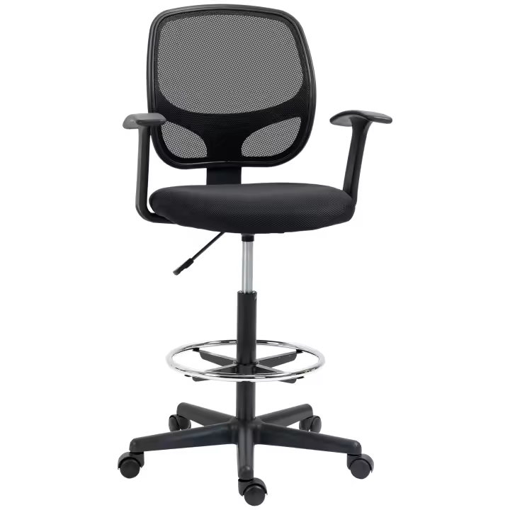Vinsetto Silla de Trabajo Silla de Oficina de Malla Silla de Escritorio Ergonómica Silla de Dibujo con Anillo de Pie Ajustable Silla Giratoria de Altura Regulable con Ruedas para Estudio Negro 60 x 56 x 110-132 cm - 1