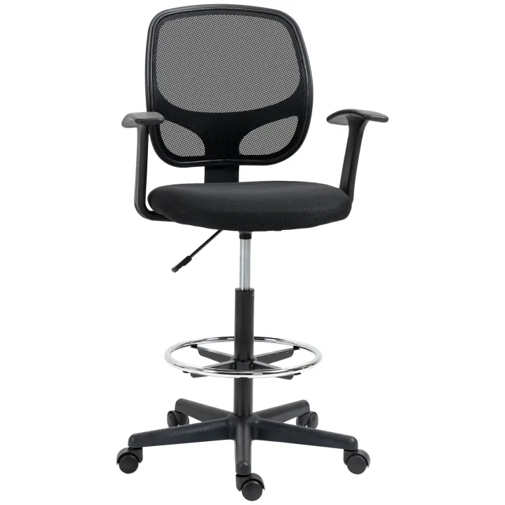Vinsetto Silla de Trabajo Silla de Oficina de Malla Silla de Escritorio Ergonómica Silla de Dibujo con Anillo de Pie Ajustable Silla Giratoria de Altura Regulable con Ruedas para Estudio Negro 60 x 56 x 110-132 cm - 1