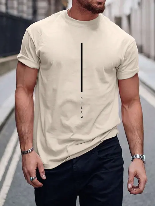 Camiseta De Verano Para Hombre Algodón 100% Ajustada Deportiva Casual Con Estampado De Letras DREAM Manga Corta Cuello Redondo - 1