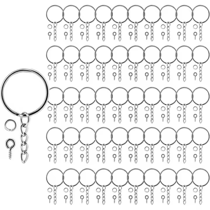 150 Piezas Anillas lavero, Cadena clave, Para hacer laveros, Ajustado PARAS LA Fabricación de Joyas y Manualidades(50 anillos curvos, 50 laveros Pequeños with Cadenas, 50 ojales para tornillos) - 1