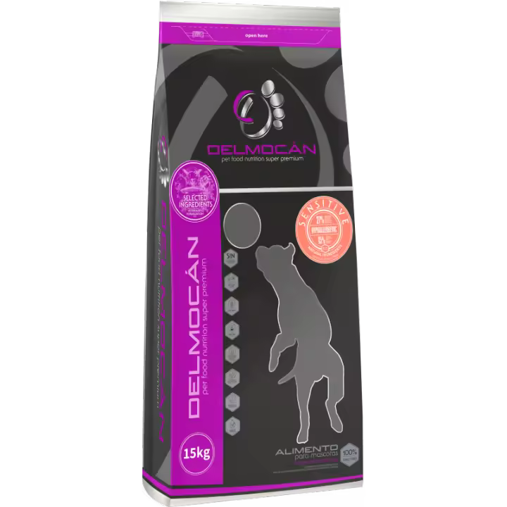 Pienso natural para perros DELMOCAN SENSITIVE - Salmón, frutas y verduras - Saco de 15 kilos - Alimento seco para perros de todas las edades y razas - 1