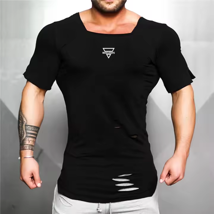 Summer Casual Cotton Breathable Slim T shirt Gym Fitness T-shirt New Fashion Hip Hop Short Sleeves Square Collar Hole Clothing - 1