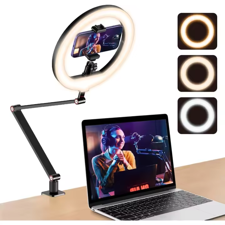Lámpara de anillo de escritorio de 25 cm (10 pulgadas) con soporte y soporte para teléfono móvil, lámpara de anillo con soporte de techo, soporte con brazo de escritorio ajustable. - 1