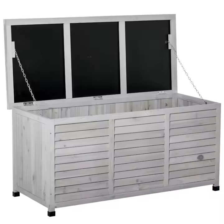 Outsunny Baúl de Almacenaje Exterior 284L Arcón de Jardín de Madera Impermeable con Tapa Abrible y Diseño Persiana 127x56x60 cm Blanco - 1
