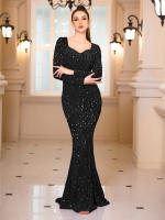 Vestido De Noche Para Mujer Largo Con Mangas De Sequinias Azul Elegante Vestido De Fiesta Prom Invierno 2024 Corte De Corte Court Traje De Baño De Verano - details 8