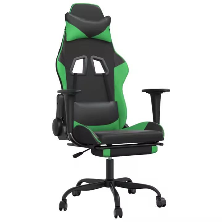 Silla Gaming con reposapiés de cuero sintético Negro Verde - 1