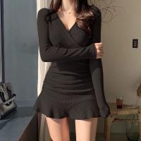 Vestido Mini Elegante De Mujer En Negro Con Cuello V Manga Larga Volantes Y Ajustado Estilo Y2k Para Otoño Ropa Moda - details 1