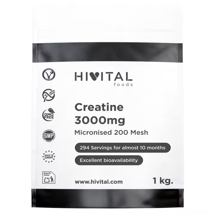 Creatina 3000 mg. 1 Kg / 1000 g. 294 raciones para casi 10 meses. Monohidrato de Creatina en polvo 100% Pura, Vegana y Micronizada a 200 Mesh. Hivital - 1
