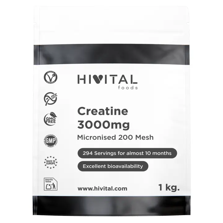 Creatina 3000 mg. 1 Kg / 1000 g. 294 raciones para casi 10 meses. Monohidrato de Creatina en polvo 100% Pura, Vegana y Micronizada a 200 Mesh. Hivital - 1