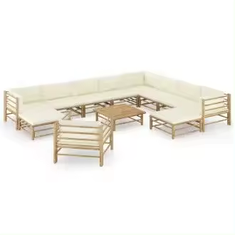VIDAXL set de muebles para el jardín de 12 piezas fabricados en bambú con cojines de color blanco crema - 1