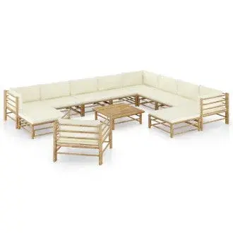 VIDAXL set de muebles para el jardín de 12 piezas fabricados en bambú con cojines de color blanco crema - 1