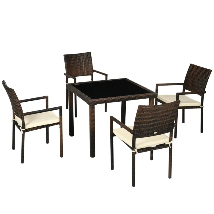 Outsunny Conjunto de Muebles de Ratán Sintético Juego de Muebles de Jardín 5 Piezas Mesa de Centro con Tablero de Vidrio y 4 Sillas con Cojines para Terraza Patio Balcón Marrón - 1