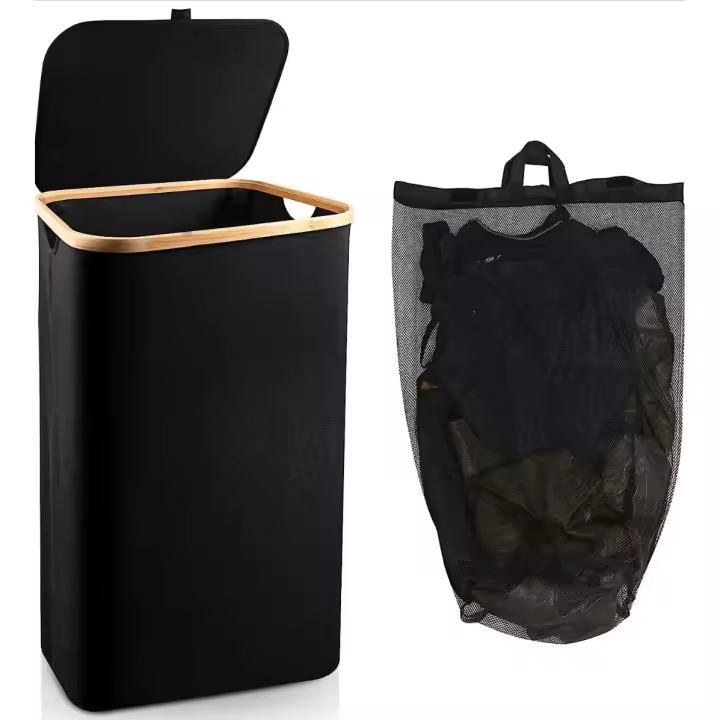 zzolee - Cesta de lavandería de 140 litros con tapa, cesta de lavandería extra grande con 3 forros extraíbles (3 compartimentos), soporta hasta una semana de ropa para la familia, 22 x 15 x 26 pulgadas (negro) - 1