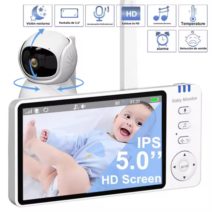 Monitor De Bebé Con Video 5 Pulgadas Audio Bidireccional Seguridad Doméstica PTZ Mini VOX Temperatura Display Para Niños Y Madres - 1