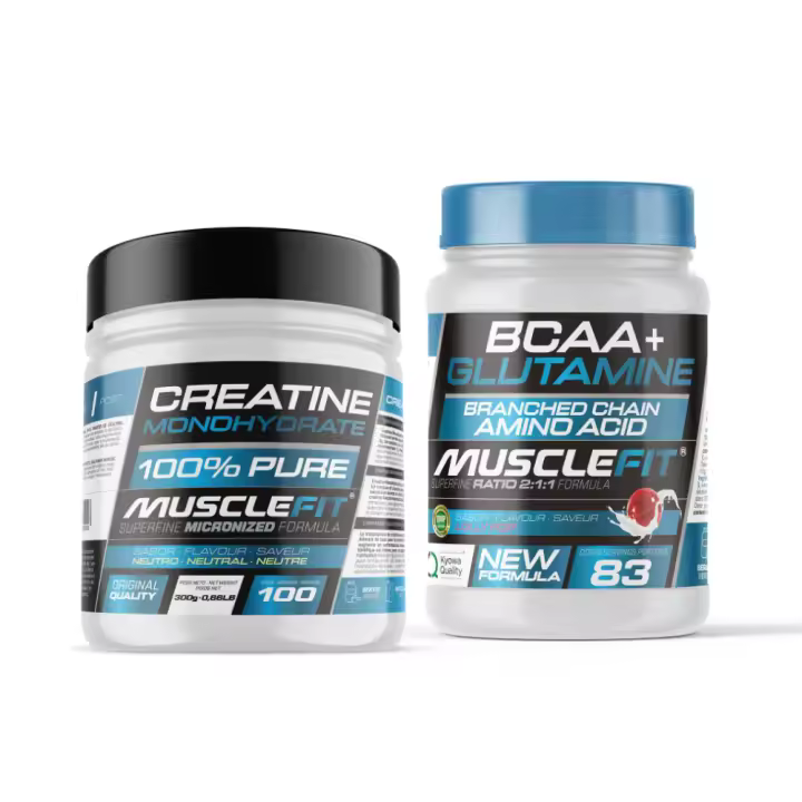 MUSCLEFIT Pack Ahorro Glutamina + Bcaa´s 500g - Varios Sabores + Creatina Monohidrato 300g - Sin Sabor - Regalo - 1