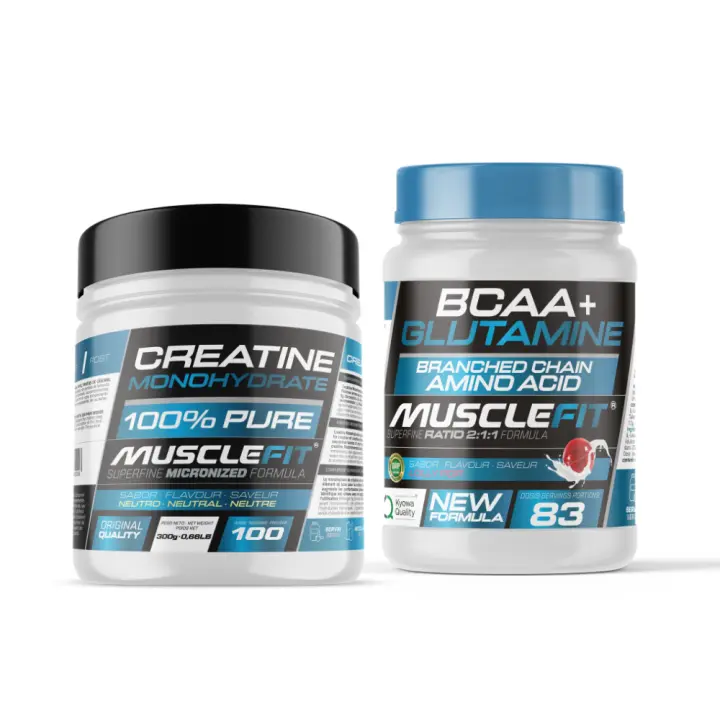 MUSCLEFIT Pack Ahorro Glutamina + Bcaa´s 500g - Varios Sabores + Creatina Monohidrato 300g - Sin Sabor - Regalo - 1