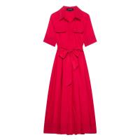 Vestido Largo Rojo Casual Elegante Para Mujer Con Cinturón Y Bolsillos Manga Corta Estilo Vintage Primavera Verano Sin Estirar Polyester - details 1