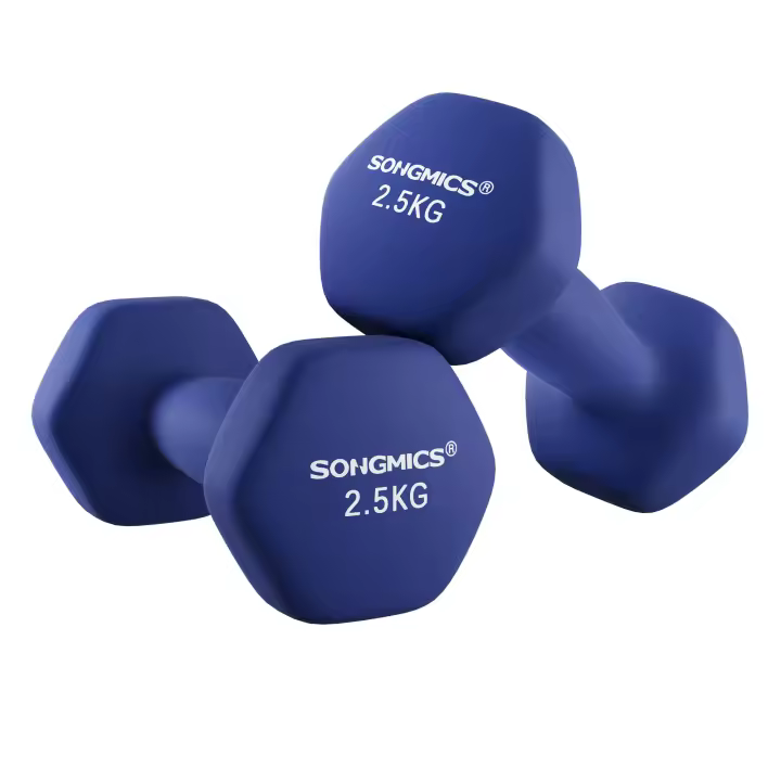 SONGMICS Juego de 2 mancuernas, 2 x 2.5 kg, mancuernas hexagonales, revestimiento de neopreno, entrenamiento de fuerza, entrenamiento, fitness, para casa, Azul - 1